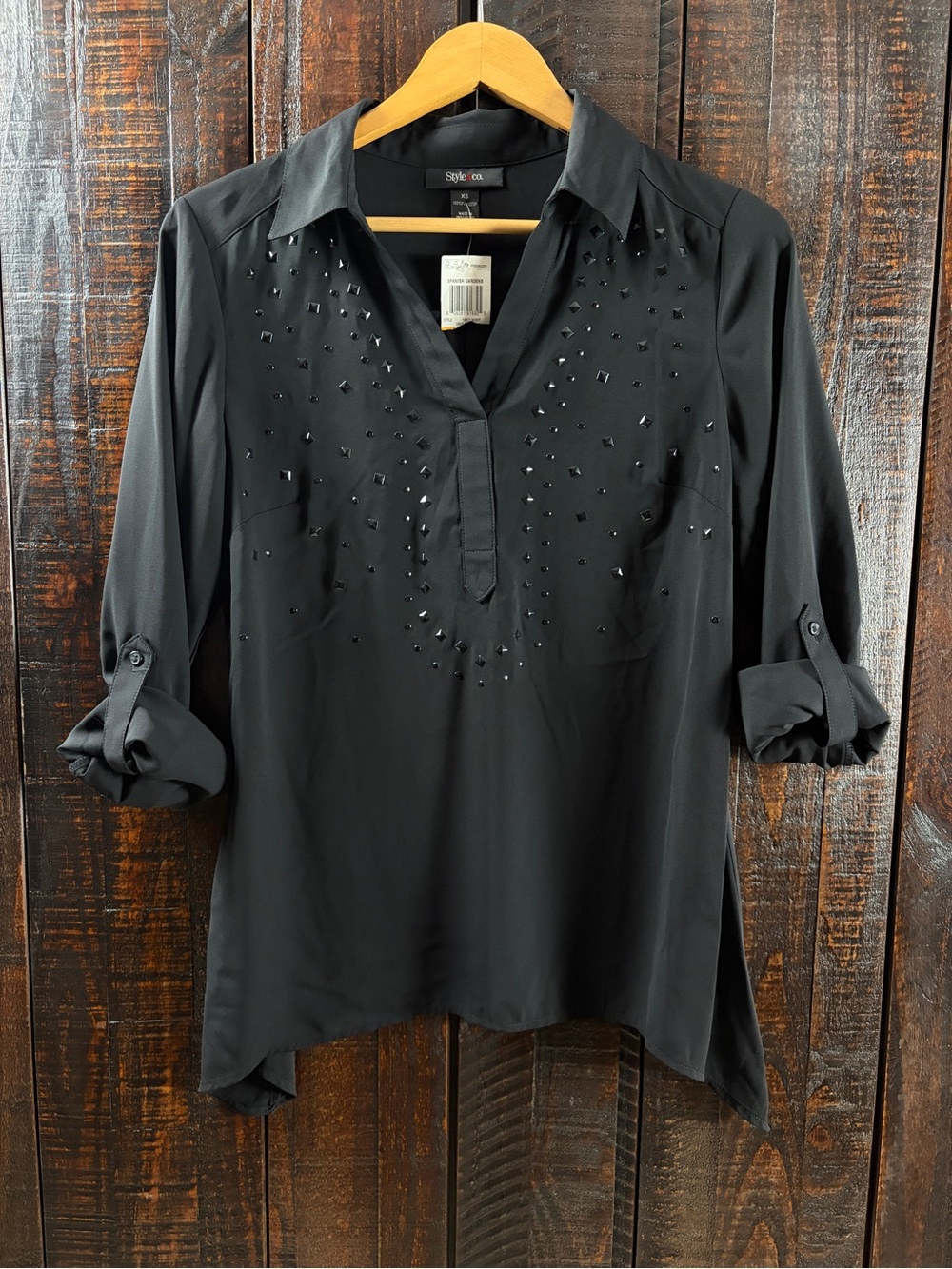 Style & Co. Black Studded Asymmetrical Hem Top NWT